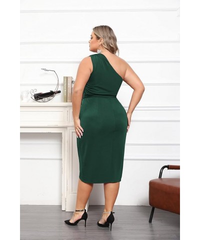 Women's Plus Size One Shoulder Bodycon Dresses Glitter Wrap Hem Belted Cocktail Midi Dress Cotton Dark Green $27.40 Dresses