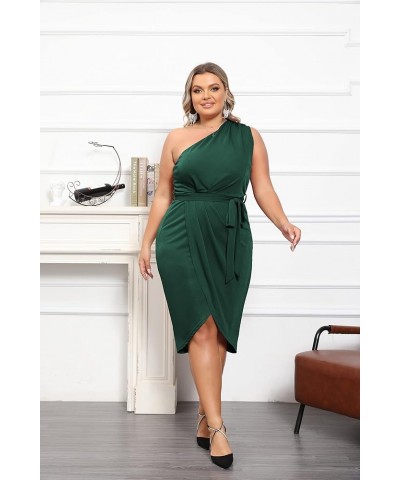 Women's Plus Size One Shoulder Bodycon Dresses Glitter Wrap Hem Belted Cocktail Midi Dress Cotton Dark Green $27.40 Dresses