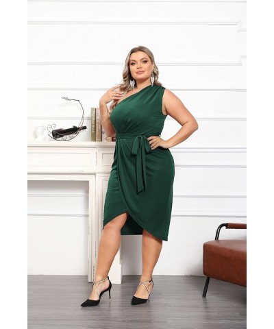 Women's Plus Size One Shoulder Bodycon Dresses Glitter Wrap Hem Belted Cocktail Midi Dress Cotton Dark Green $27.40 Dresses