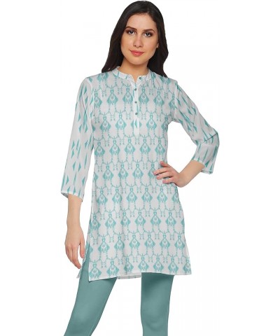 Printed Side Slit Short Kurta Tunic for Women Summer Wear Ladies Kurti Turquoise Blue $12.60 Tops