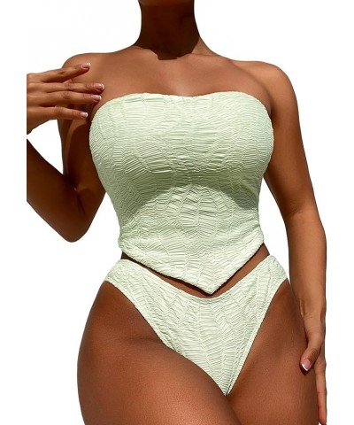 Women's Bandeau Tankini Swimsuit 2 Piece Lace Up Hanky Hem High Cut Bathing Suits Mint Green $17.33 Swimsuits