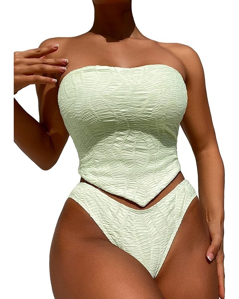 Women's Bandeau Tankini Swimsuit 2 Piece Lace Up Hanky Hem High Cut Bathing Suits Mint Green $17.33 Swimsuits