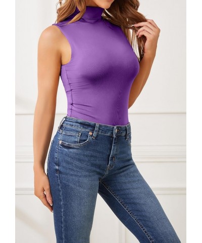 Women's Sleeveless Turtleneck Tops Slim Fit Bodysuits R1002 Purple Solid $14.57 Bodysuits