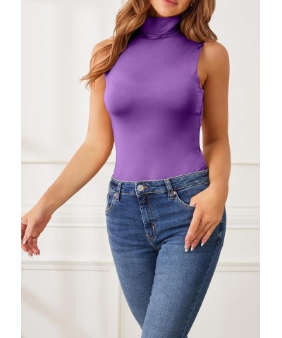 Women's Sleeveless Turtleneck Tops Slim Fit Bodysuits R1002 Purple Solid $14.57 Bodysuits