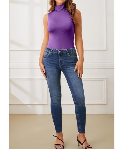 Women's Sleeveless Turtleneck Tops Slim Fit Bodysuits R1002 Purple Solid $14.57 Bodysuits