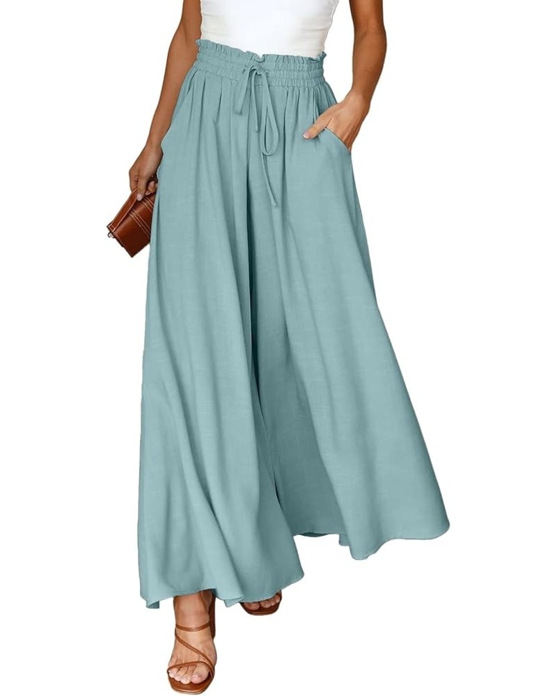 Womens Casual Wide Leg Pants Flowy Elastic Drawstring Waist Palazzo Pants with Pockets Pale Green $18.04 Pants