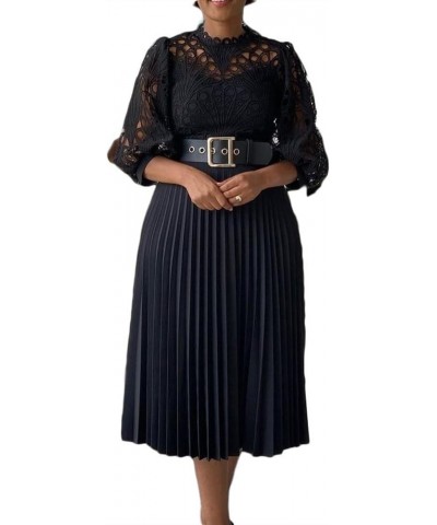 Formal Dress for Curvy Women, Elegant Business Dress with Belt, Lace Pleated Skirt for Evening & Parties Black $23.77 Dresses