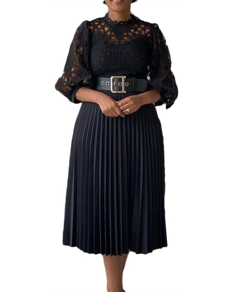 Formal Dress for Curvy Women, Elegant Business Dress with Belt, Lace Pleated Skirt for Evening & Parties Black $23.77 Dresses