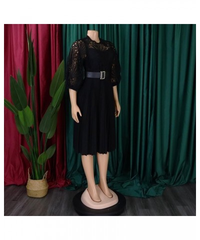 Formal Dress for Curvy Women, Elegant Business Dress with Belt, Lace Pleated Skirt for Evening & Parties Black $23.77 Dresses