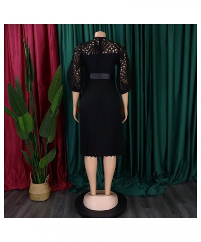 Formal Dress for Curvy Women, Elegant Business Dress with Belt, Lace Pleated Skirt for Evening & Parties Black $23.77 Dresses