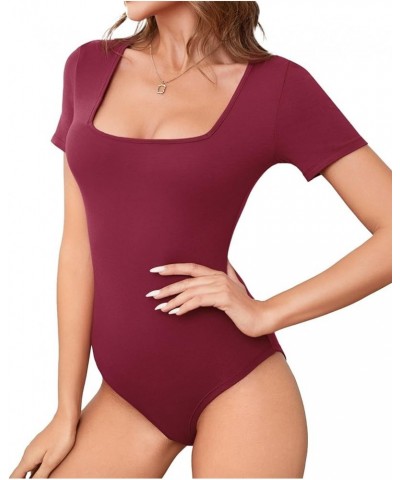 Women's Square Neck Bodysuit Short Sleeves Slim Fit Basic Stretchy Body suit Double Lined Shirt Tops Wine Red $12.65 Lingerie