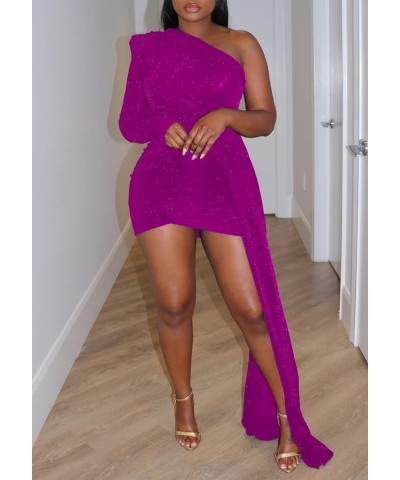 Women's Bodycon Mini Sparkly Dress Sexy One Shoulder Wrap Ruched Cocktail Evening Dress with Tail 1purple $16.92 Dresses