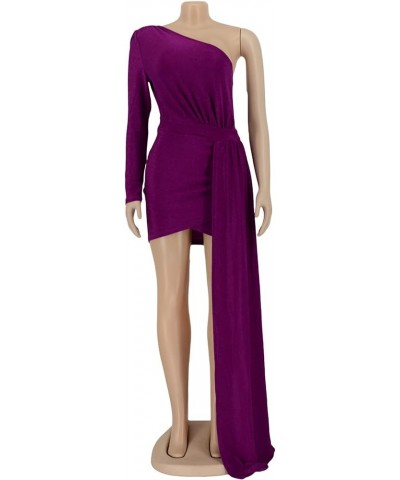 Women's Bodycon Mini Sparkly Dress Sexy One Shoulder Wrap Ruched Cocktail Evening Dress with Tail 1purple $16.92 Dresses