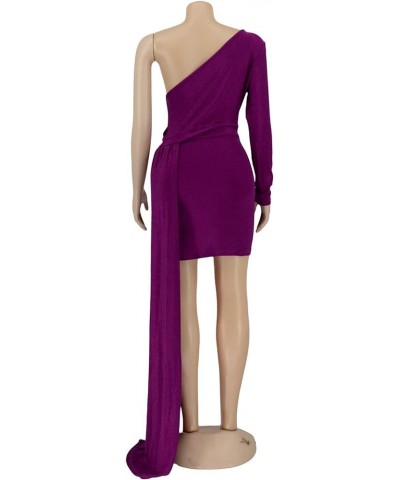 Women's Bodycon Mini Sparkly Dress Sexy One Shoulder Wrap Ruched Cocktail Evening Dress with Tail 1purple $16.92 Dresses