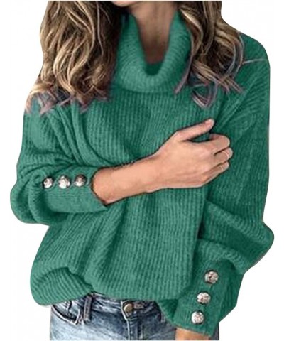 Womens Plus Size Black Turtleneck Collar Tops Loose Casual Button Long Sleeve Solid Color Knitted Sweater Warm Green $5.58 Sw...