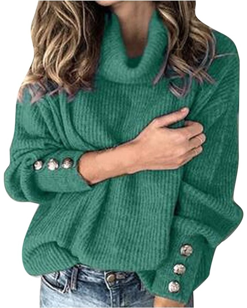 Womens Plus Size Black Turtleneck Collar Tops Loose Casual Button Long Sleeve Solid Color Knitted Sweater Warm Green $5.58 Sw...