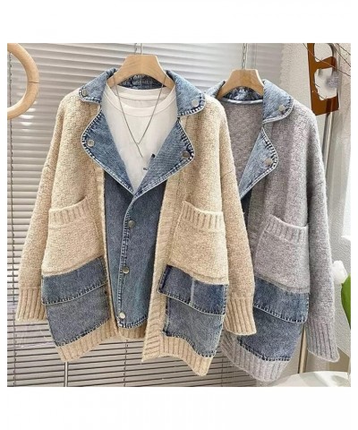 Women's Fashion Stitching Denim Loose Dolman Sleeve Long Sleeve Button Cardigan Sweater Jacket Khaki $21.75 Sweaters