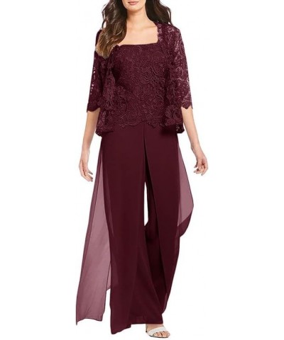 3 Pieces Mother of The Bride Pant Suits Chiffon Lace Grandmother Wedding Guest Groom Formal Ladies Evening Pantsuits Burgundy...