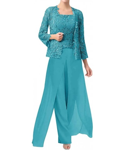 3 Pieces Mother of The Bride Dresses Pant Suits Chiffon Evening Formal Dress for Wedding Guest Groom Dresses Lace Jacket Teal...