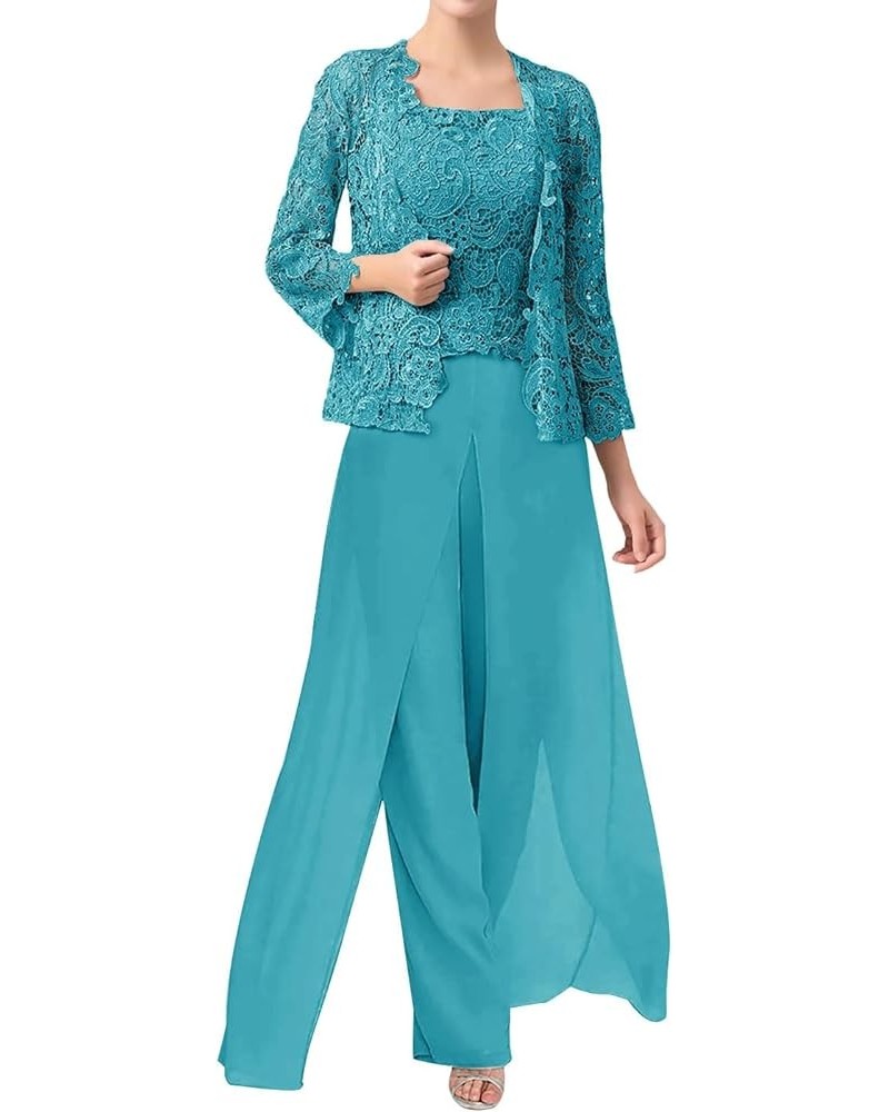 3 Pieces Mother of The Bride Dresses Pant Suits Chiffon Evening Formal Dress for Wedding Guest Groom Dresses Lace Jacket Teal...