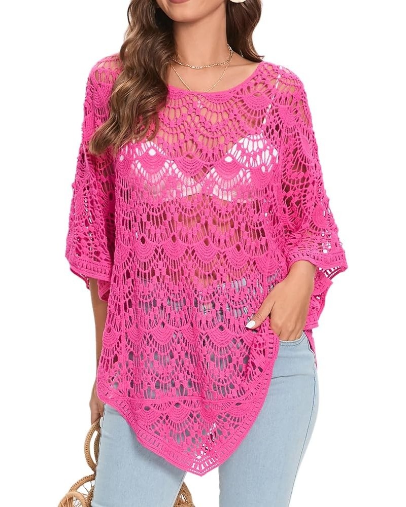 Women's Crochet Lace Poncho Top Boho Sheer Pullover Hollow Out Beach Cover Up Rose $21.27 Swimsuits