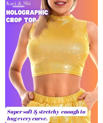 Holographic Crop Top, Sparkly Metallic, Sexy Night Out Outfit Yellow $14.30 Blouses