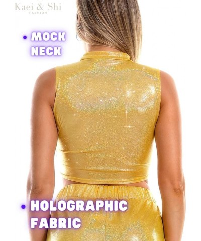 Holographic Crop Top, Sparkly Metallic, Sexy Night Out Outfit Yellow $14.30 Blouses