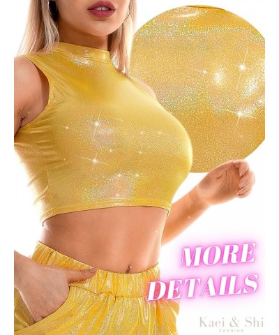 Holographic Crop Top, Sparkly Metallic, Sexy Night Out Outfit Yellow $14.30 Blouses