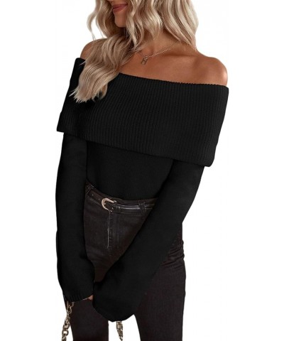 Women's Off Shoulder Long Sleeve Sweater Casual Ribbed Knit Pullover Top Black $25.19 Sweaters