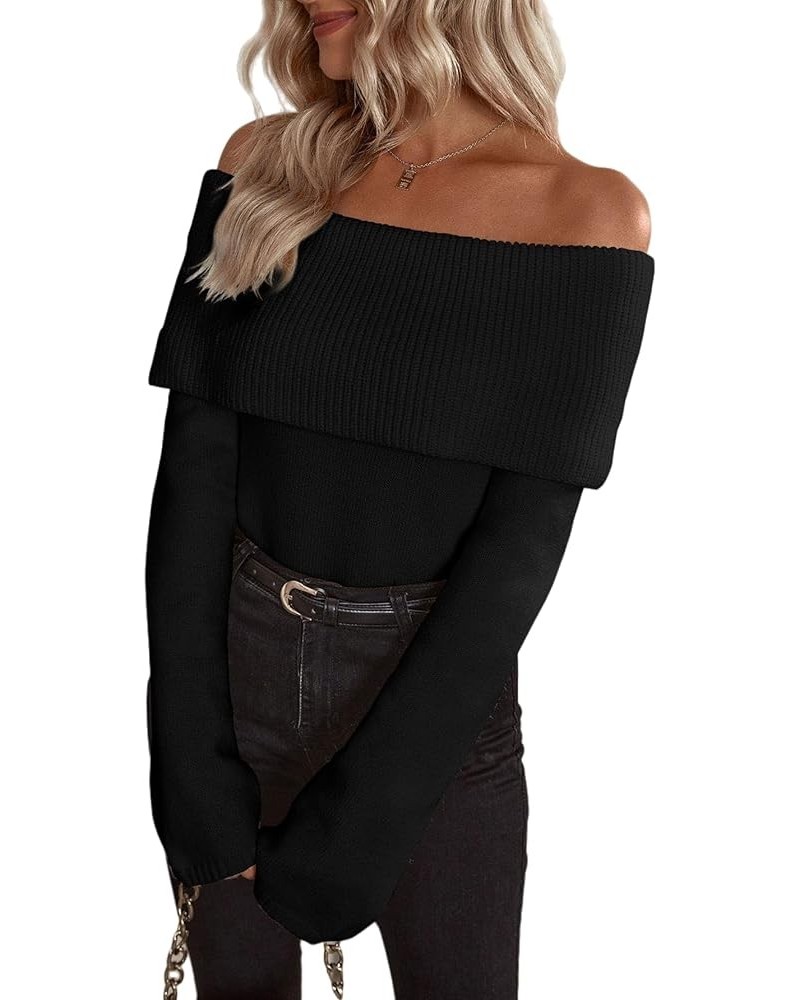 Women's Off Shoulder Long Sleeve Sweater Casual Ribbed Knit Pullover Top Black $25.19 Sweaters