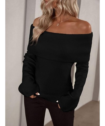 Women's Off Shoulder Long Sleeve Sweater Casual Ribbed Knit Pullover Top Black $25.19 Sweaters