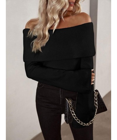 Women's Off Shoulder Long Sleeve Sweater Casual Ribbed Knit Pullover Top Black $25.19 Sweaters