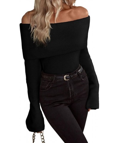 Women's Off Shoulder Long Sleeve Sweater Casual Ribbed Knit Pullover Top Black $25.19 Sweaters