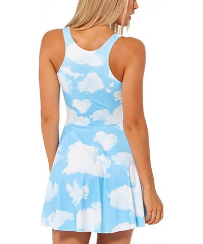 Women's Cartoon Printed Stretchy Sleeveless Pleated Fit and Flare Skater Dress I-sky Blue $12.65 Dresses