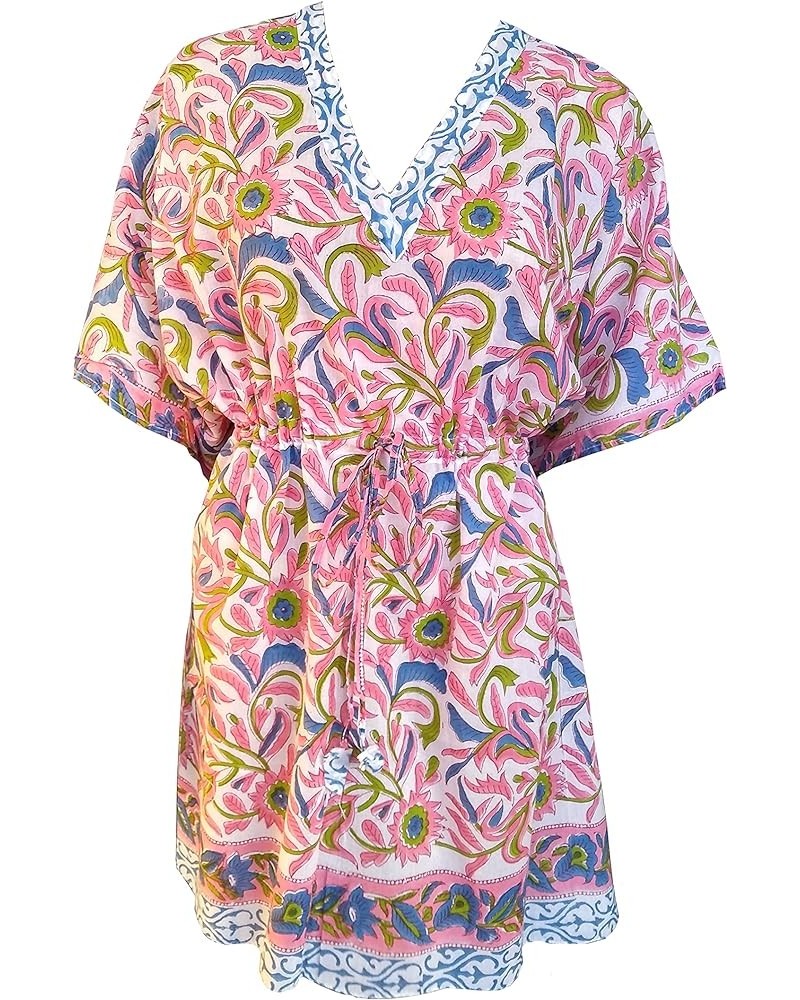 Cotton Hand Block Print Swimsuit Cover-up Beach Caftan Women's Print Pink $14.75 Swimsuits