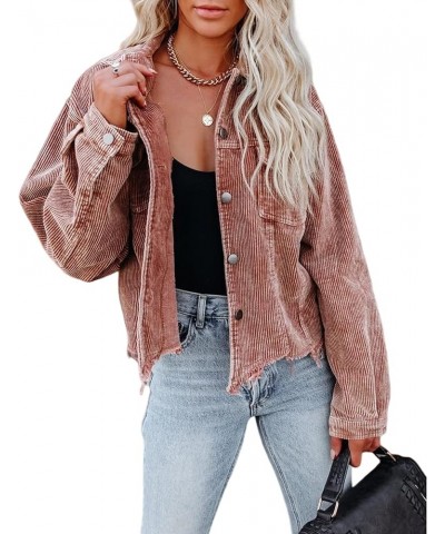 Women's Casual Frayed Raw Hem Button Down Oversized Corduroy Shacket Crop Jacket Khaki $23.39 Jackets