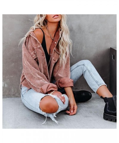 Women's Casual Frayed Raw Hem Button Down Oversized Corduroy Shacket Crop Jacket Khaki $23.39 Jackets