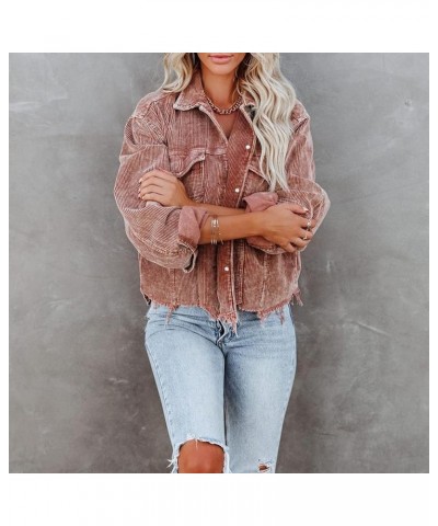 Women's Casual Frayed Raw Hem Button Down Oversized Corduroy Shacket Crop Jacket Khaki $23.39 Jackets