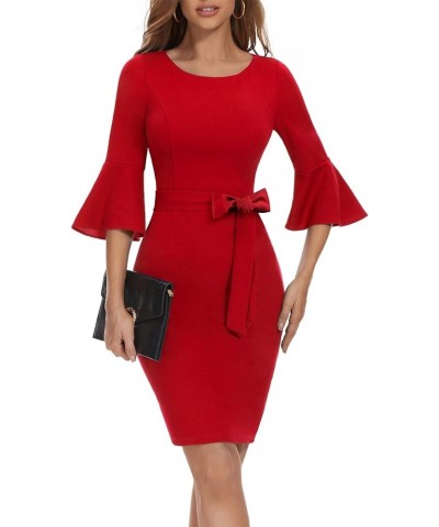 Womens Elegant 3/4 Bell Sleeve Church Dress Cocktail Formal Bodycon Dress for Women Red $22.13 Dresses