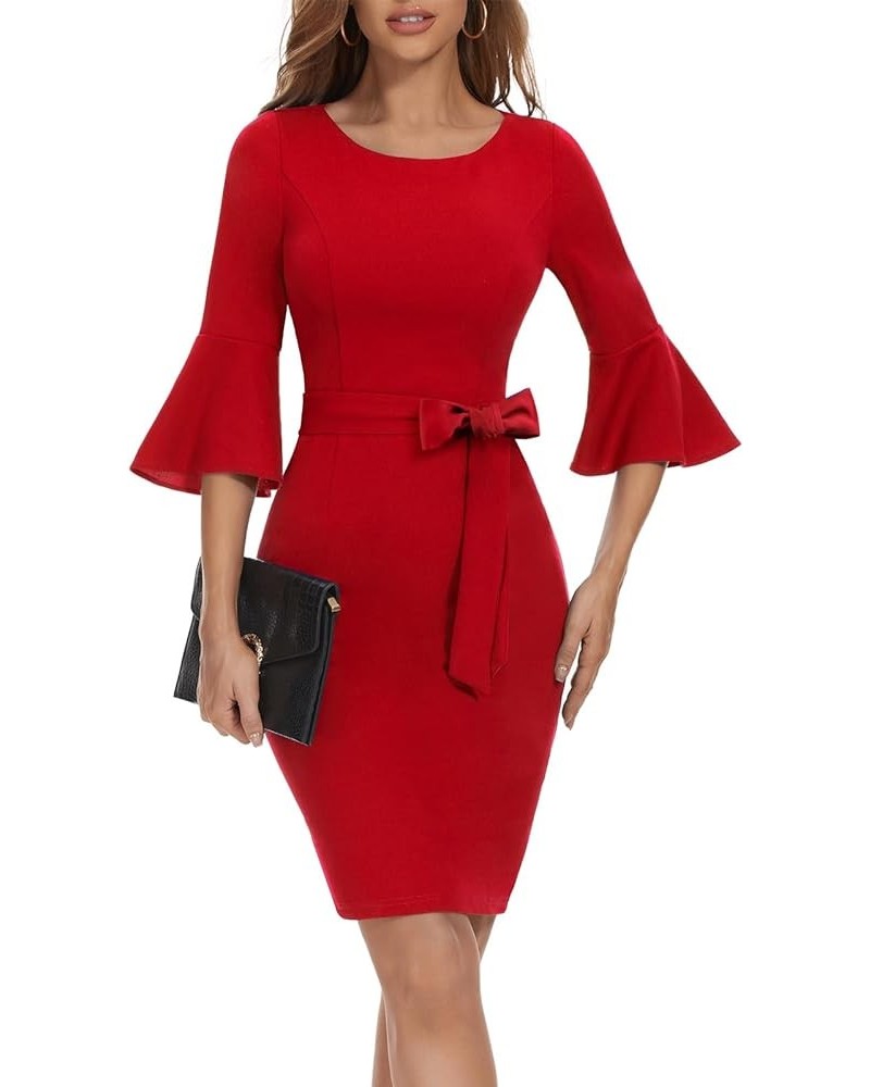 Womens Elegant 3/4 Bell Sleeve Church Dress Cocktail Formal Bodycon Dress for Women Red $22.13 Dresses