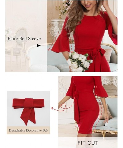 Womens Elegant 3/4 Bell Sleeve Church Dress Cocktail Formal Bodycon Dress for Women Red $22.13 Dresses