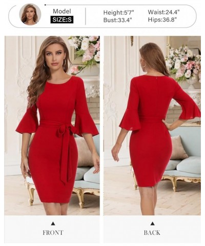 Womens Elegant 3/4 Bell Sleeve Church Dress Cocktail Formal Bodycon Dress for Women Red $22.13 Dresses