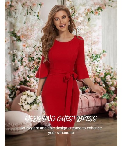 Womens Elegant 3/4 Bell Sleeve Church Dress Cocktail Formal Bodycon Dress for Women Red $22.13 Dresses