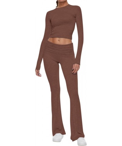 Women's 2 Piece Lounge Sets,Lounge Sets For Women Fold-over Pants Set Long Sleeve Cropped Top Casual Outfits 07-brown $10.48 ...