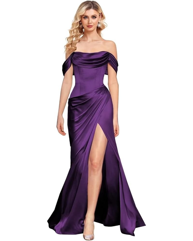 Off The Shoulder Mermaid Prom Dresses for Women Satin Silk Ruched Wrap Formal Evening Gowns with Slit Grape $45.36 Dresses