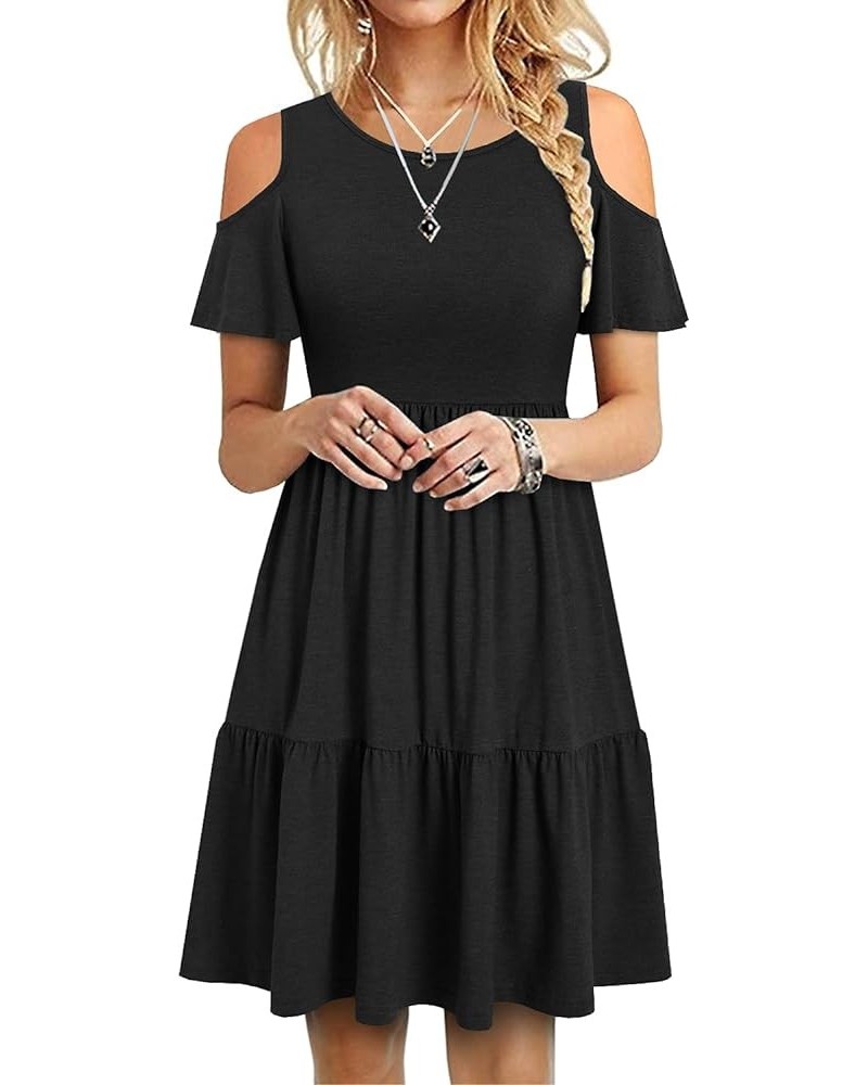 Women's Casual Cold Shoulder Sleeve Mini Dress Summer Loose Short Ruffle Pleated Dress with Pockets A-black $18.49 Dresses