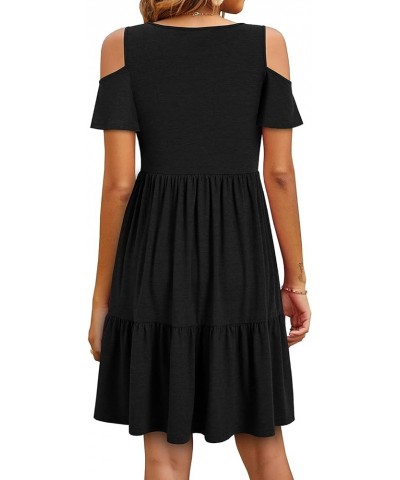 Women's Casual Cold Shoulder Sleeve Mini Dress Summer Loose Short Ruffle Pleated Dress with Pockets A-black $18.49 Dresses