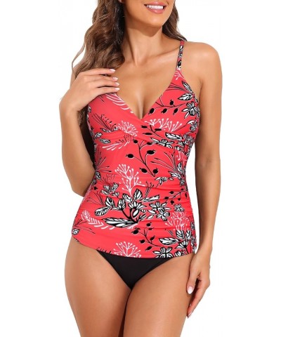 Womens Tankini Swimsuits Two Piece Tummy Control Bathing Suits V Neck Tankini Tops with Bikini Bottoms Swimwear Red Floral $2...