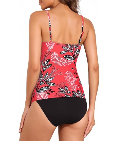 Womens Tankini Swimsuits Two Piece Tummy Control Bathing Suits V Neck Tankini Tops with Bikini Bottoms Swimwear Red Floral $2...