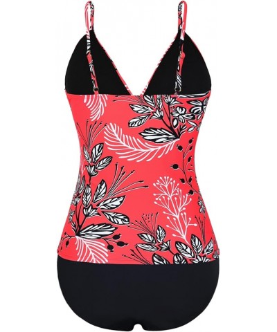 Womens Tankini Swimsuits Two Piece Tummy Control Bathing Suits V Neck Tankini Tops with Bikini Bottoms Swimwear Red Floral $2...